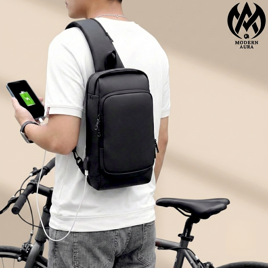 Premium Modern Aura Anti-Theft Sling Backpack with USB Charging Port – Waterproof Crossbody Chest Bag for Men