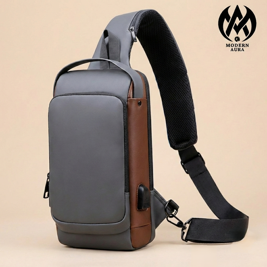 Premium Modern Aura Anti-Theft Sling Backpack with USB Charging Port – Waterproof Crossbody Chest Bag for Men