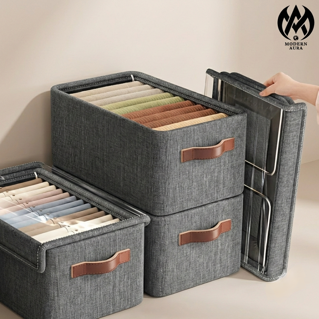 Modern Aura Premium Foldable Fabric Storage Organizer Box with Lid & Reinforced Handle