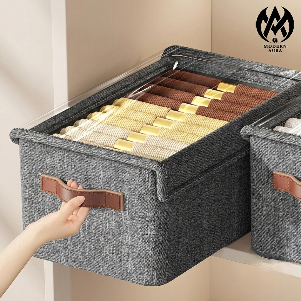 Modern Aura Premium Foldable Fabric Storage Organizer Box with Lid & Reinforced Handle