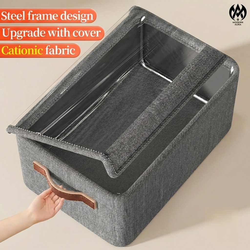 Modern Aura Premium Foldable Fabric Storage Organizer Box with Lid & Reinforced Handle