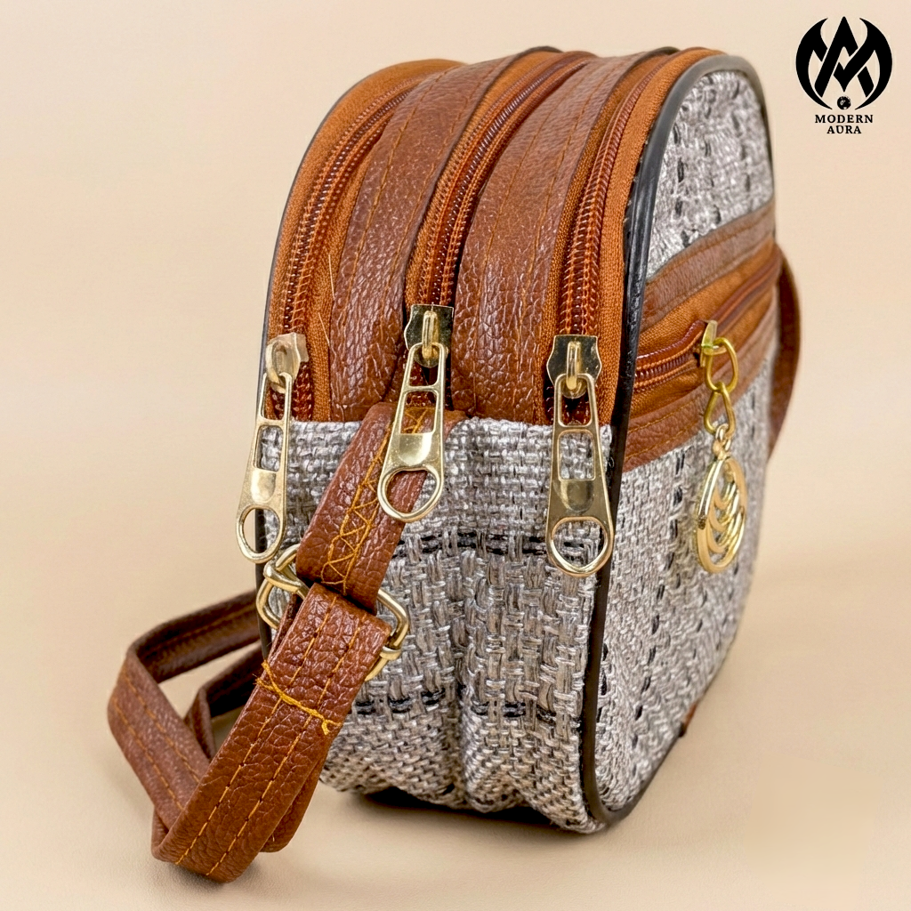 Premium Modern Aura Multi-Zip Textured Sling Bag for Women – Lightweight Crossbody Organizer Purse