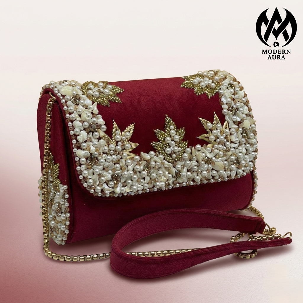 Premium Modern Aura Luxury Embroidered Pearl Sling Bag for Women – Wedding & Party Ethnic Handbag
