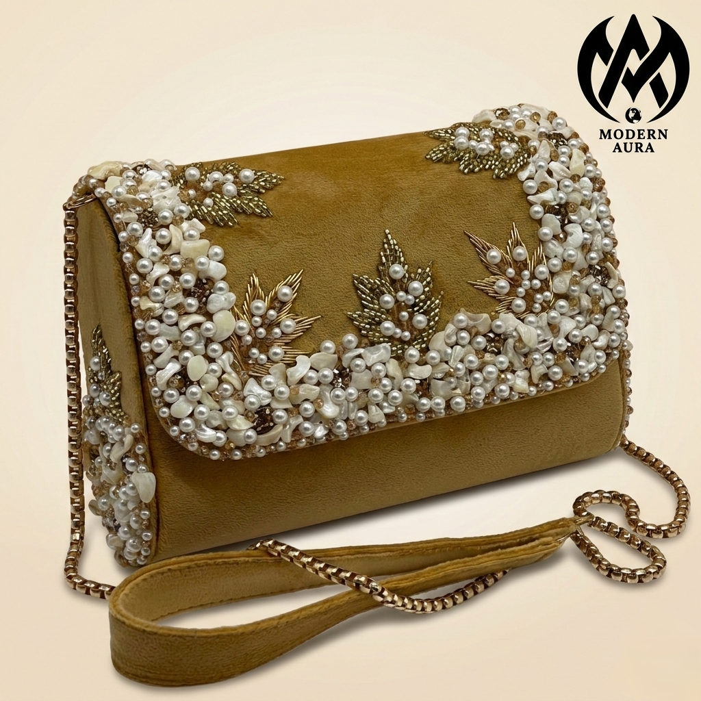 Premium Modern Aura Luxury Embroidered Pearl Sling Bag for Women – Wedding & Party Ethnic Handbag