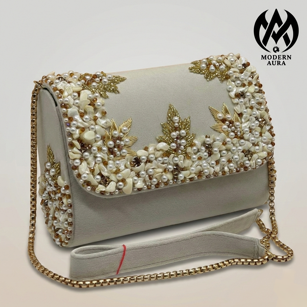 Premium Modern Aura Luxury Embroidered Pearl Sling Bag for Women – Wedding & Party Ethnic Handbag