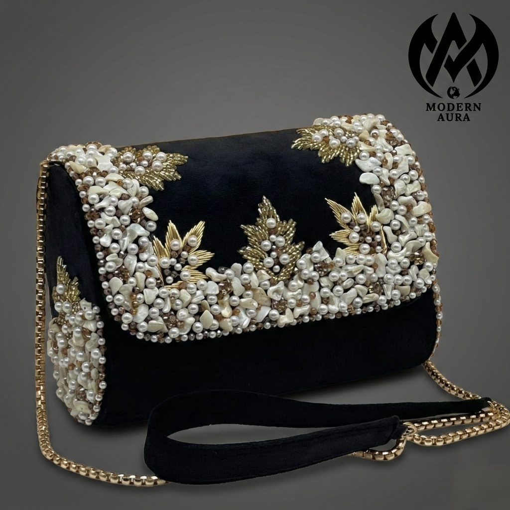 Premium Modern Aura Luxury Embroidered Pearl Sling Bag for Women – Wedding & Party Ethnic Handbag