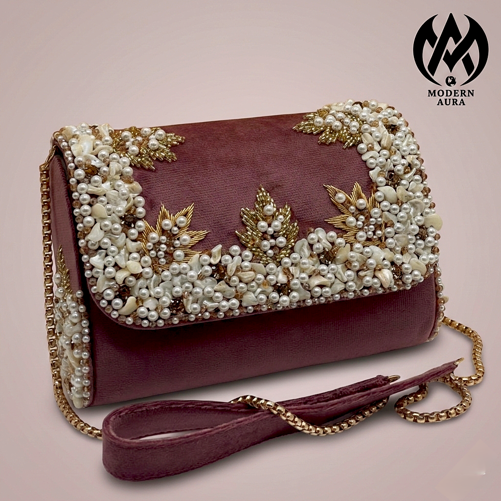 Premium Modern Aura Luxury Embroidered Pearl Sling Bag for Women – Wedding & Party Ethnic Handbag