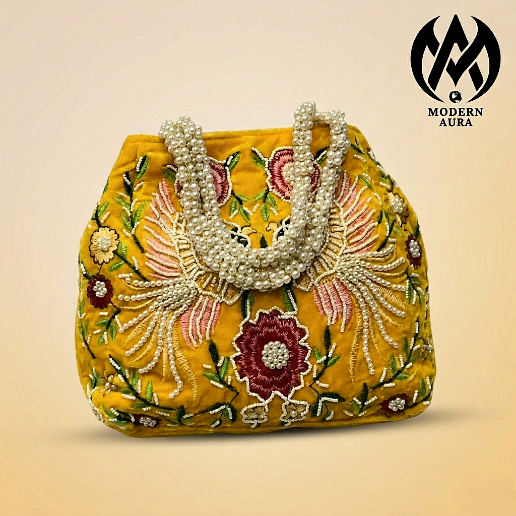 Premium Modern Aura Embroidered Pearl Potli Bag for Women – Ethnic Wedding & Festive Handbag