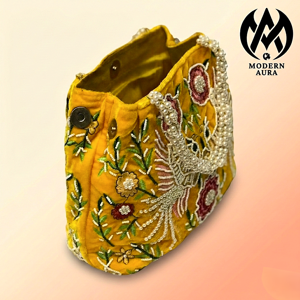 Premium Modern Aura Embroidered Pearl Potli Bag for Women – Ethnic Wedding & Festive Handbag