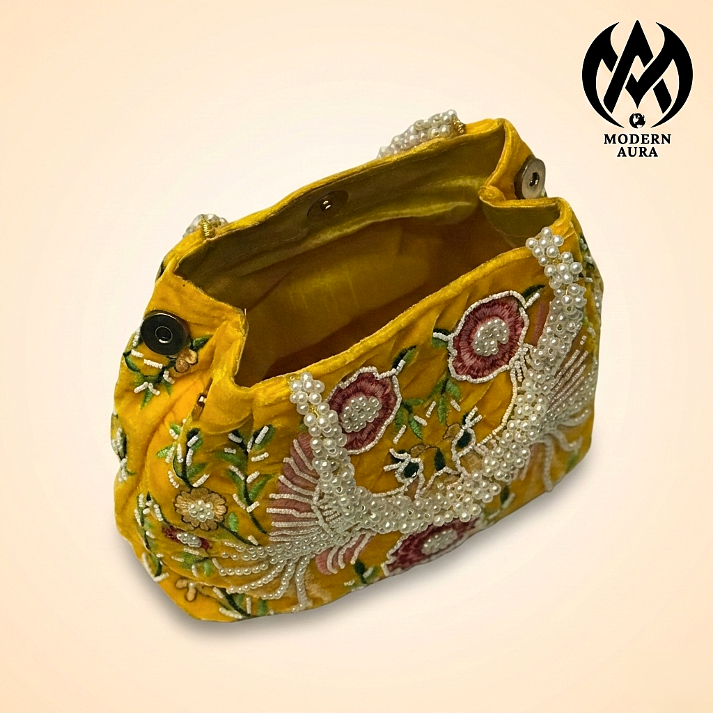 Premium Modern Aura Embroidered Pearl Potli Bag for Women – Ethnic Wedding & Festive Handbag