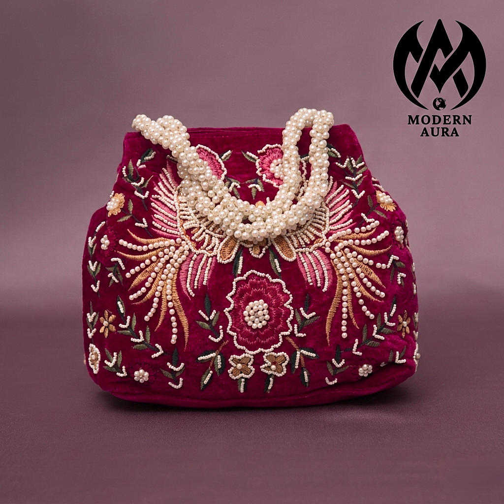 Premium Modern Aura Embroidered Pearl Potli Bag for Women – Ethnic Wedding & Festive Handbag