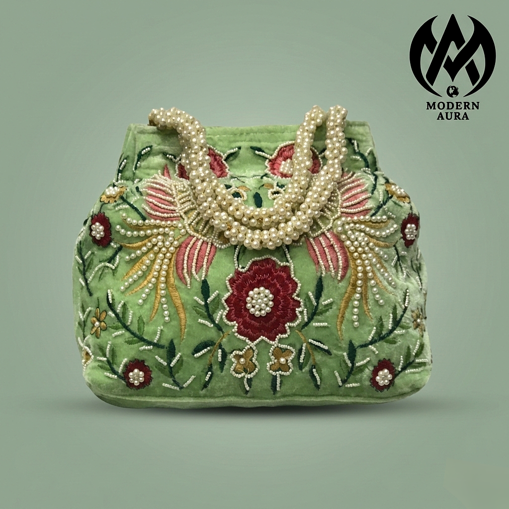 Premium Modern Aura Embroidered Pearl Potli Bag for Women – Ethnic Wedding & Festive Handbag