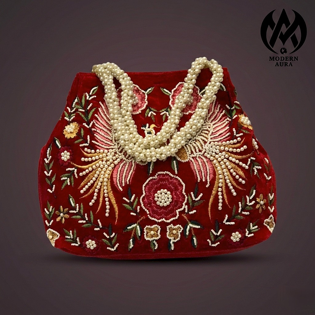 Premium Modern Aura Embroidered Pearl Potli Bag for Women – Ethnic Wedding & Festive Handbag