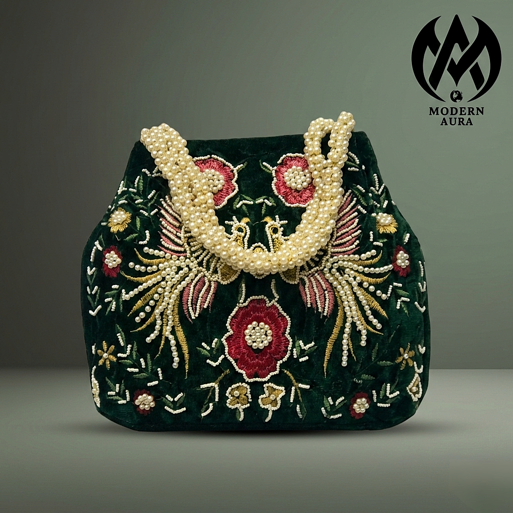 Premium Modern Aura Embroidered Pearl Potli Bag for Women – Ethnic Wedding & Festive Handbag