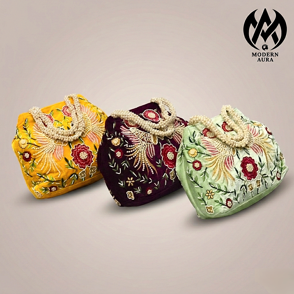 Premium Modern Aura Embroidered Pearl Potli Bag for Women – Ethnic Wedding & Festive Handbag