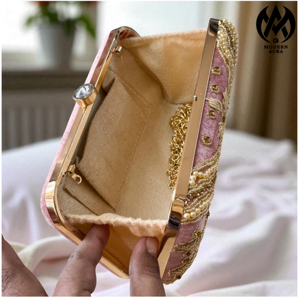 Premium Modern Aura Luxury Pearl Embroidered Clutch Bag for Women – Wedding & Party Evening Handbag