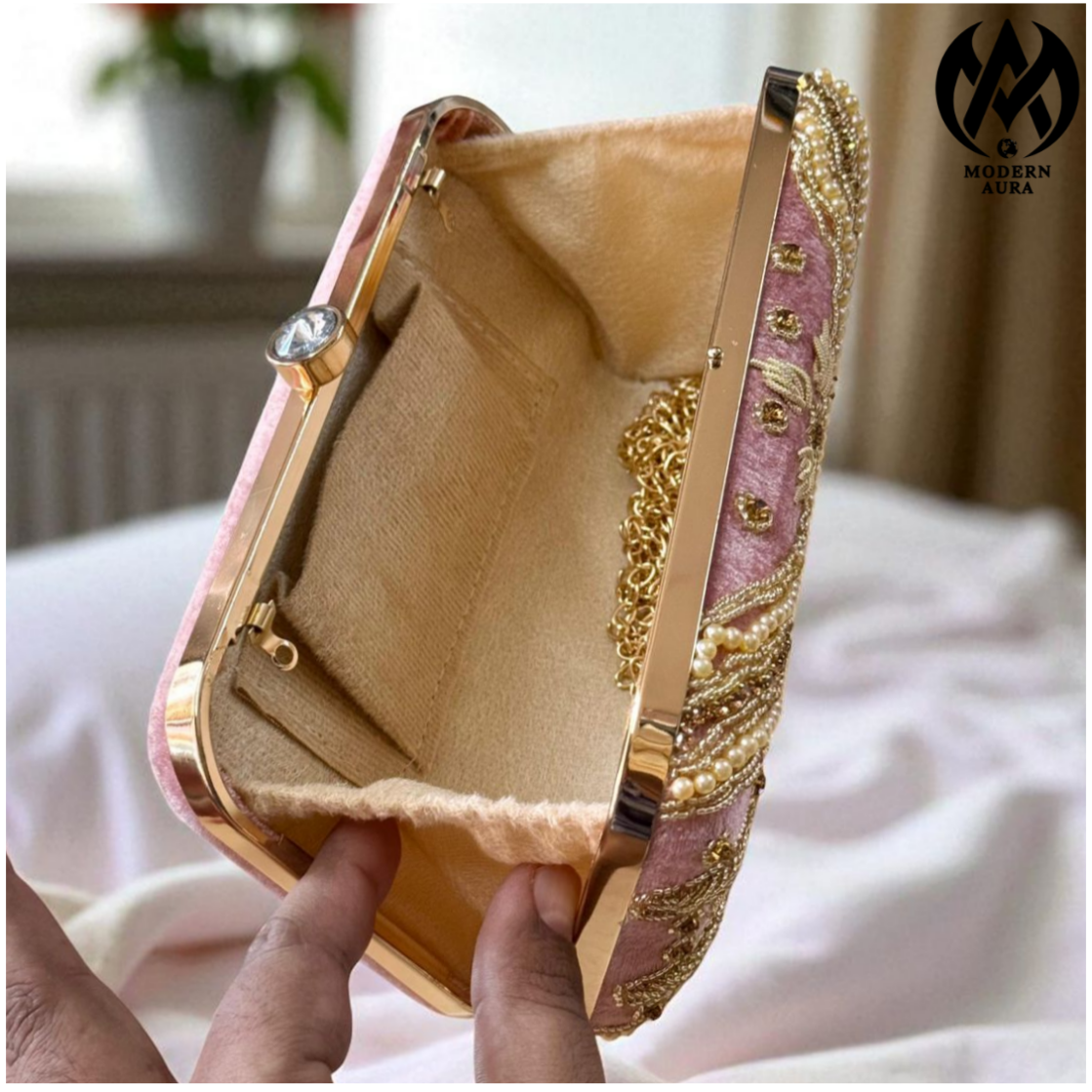 Premium Modern Aura Luxury Pearl Embroidered Clutch Bag for Women – Wedding & Party Evening Handbag