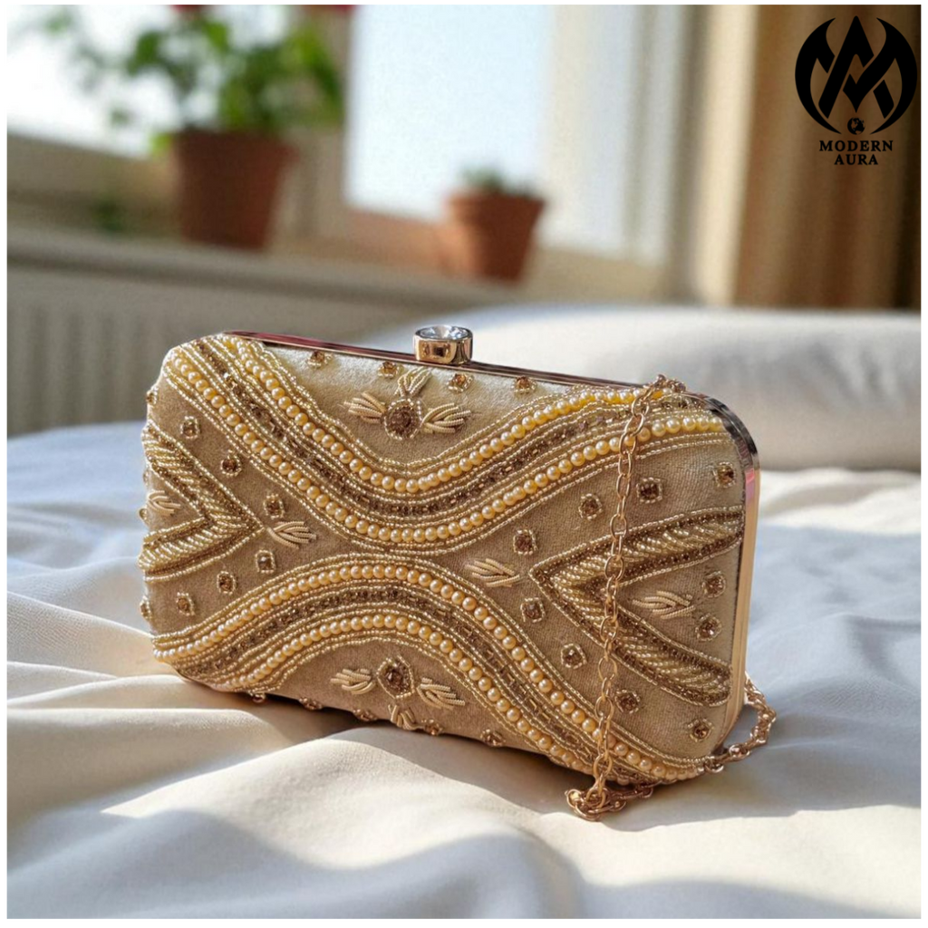 Premium Modern Aura Luxury Pearl Embroidered Clutch Bag for Women – Wedding & Party Evening Handbag