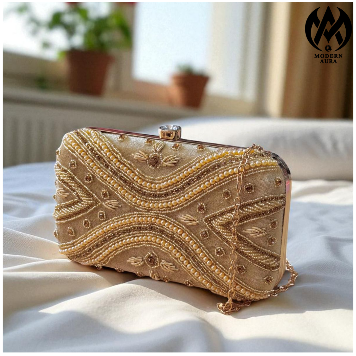 Premium Modern Aura Luxury Pearl Embroidered Clutch Bag for Women – Wedding & Party Evening Handbag