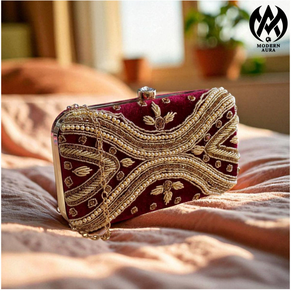 Premium Modern Aura Luxury Pearl Embroidered Clutch Bag for Women – Wedding & Party Evening Handbag