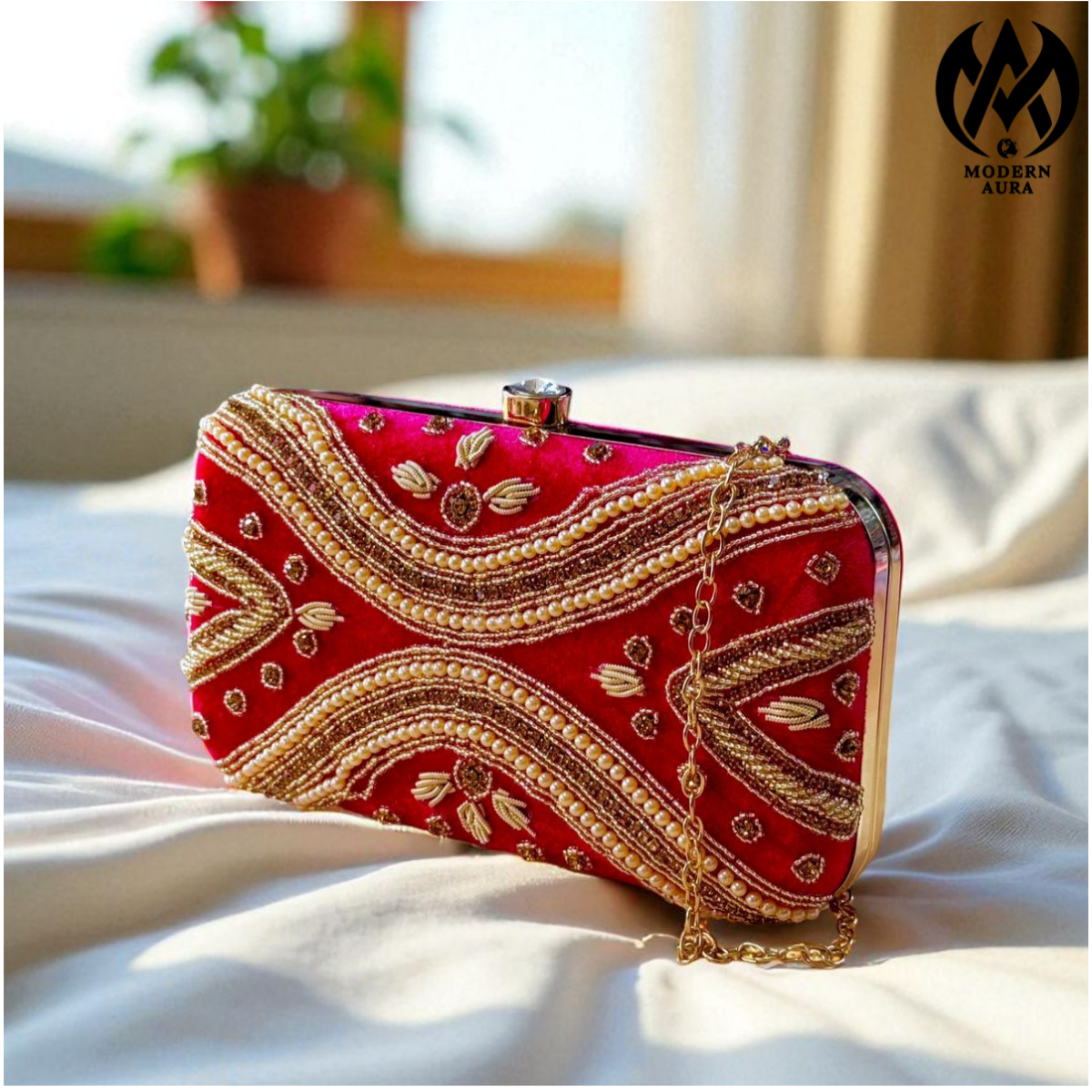 Premium Modern Aura Luxury Pearl Embroidered Clutch Bag for Women – Wedding & Party Evening Handbag