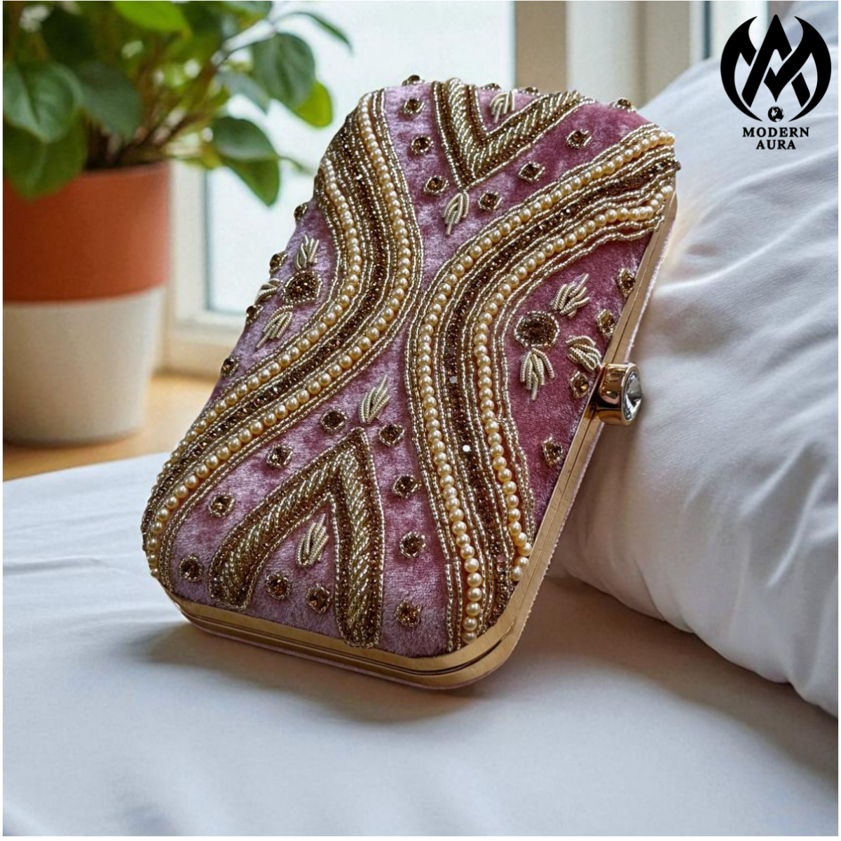 Premium Modern Aura Luxury Pearl Embroidered Clutch Bag for Women – Wedding & Party Evening Handbag