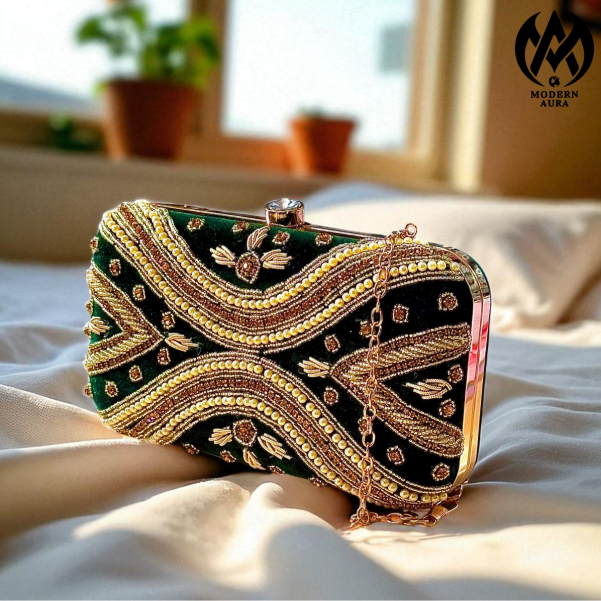 Premium Modern Aura Luxury Pearl Embroidered Clutch Bag for Women – Wedding & Party Evening Handbag