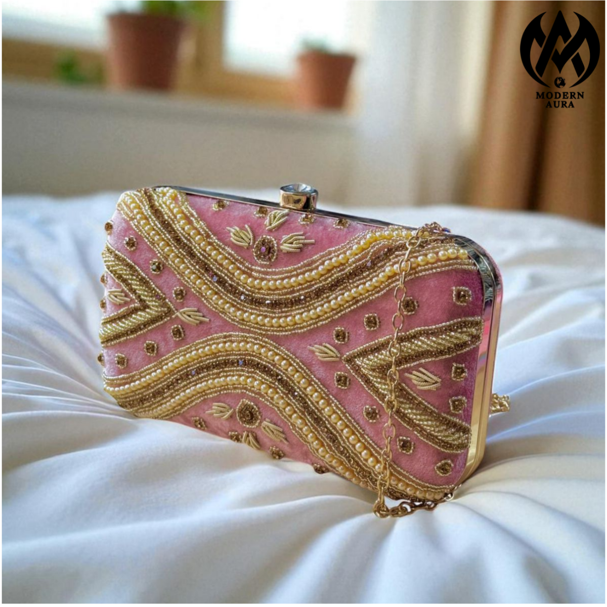 Premium Modern Aura Luxury Pearl Embroidered Clutch Bag for Women – Wedding & Party Evening Handbag