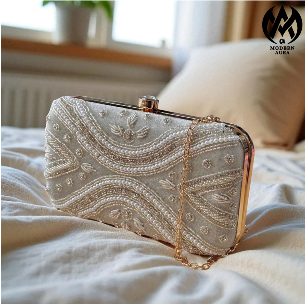 Premium Modern Aura Luxury Pearl Embroidered Clutch Bag for Women – Wedding & Party Evening Handbag